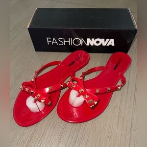Fashion Nova Red Studded Bow Jelly Flip Flops